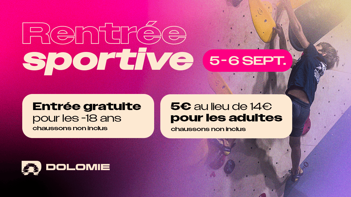 Affiche de la rentrée sportive Dolomie : 5 et 6 septembre, entrée gratuite pour les moins de 18 ans, 5 € pour les adultes