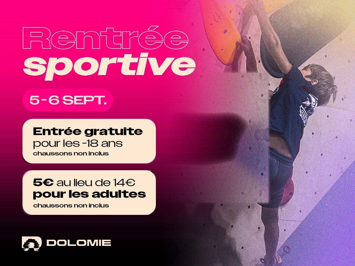 Affiche de la rentrée sportive Dolomie : 5 et 6 septembre, entrée gratuite pour les moins de 18 ans, 5 € pour les adultes